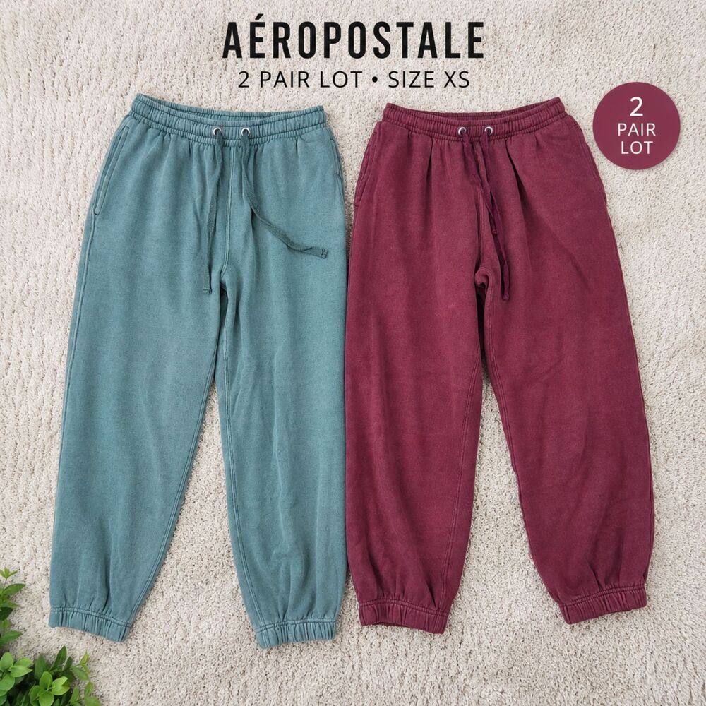 Aeropostale Jogger Sweatpants XS 2 Pair Lot Burgundy Sage Acid Wash Cotton